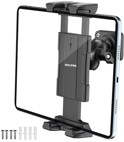 OHLPRO for iPad Wall Mount Tablet Holder, Adjustable Drilled Base with 2 Support Arm Stand for 5-13 iPad Mini Pro Air, Fire HD, Galaxy Tab, Switch and Phone - 360° Viewing, Adjustable Tilt