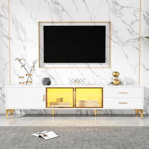TV Stand 170 * 35 * 50 Cm Fits 70 Inch TV Two Drawers 3 Doors Low Cabinet for Living Room White Gold Marble Look TV Cabinet Storage Unit