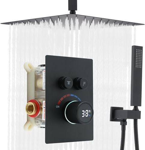 Delnet 16-Inch Luxury Ceiling Shower Mixer Set – Rain & Handheld Shower with LED Digital Display Shower Valve, Can be Used simultaneously, Matte Black