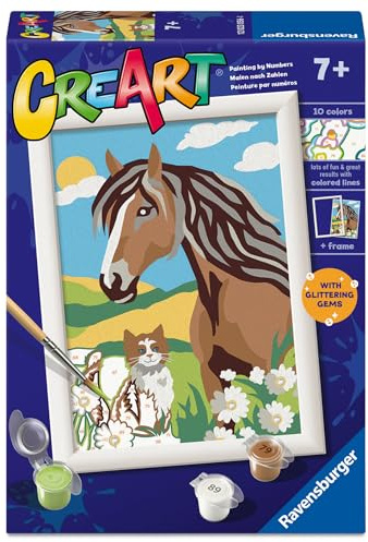 Ravensburger CreArt Serie E: Freunde auf der Wiese, Malen nach Zahlen, Malset für Kinder, inklusive Rahmen, pädagogisches und kreatives Spiel, Geschenkidee für Kinder ab 7 Jahren, 13 x 18 cm