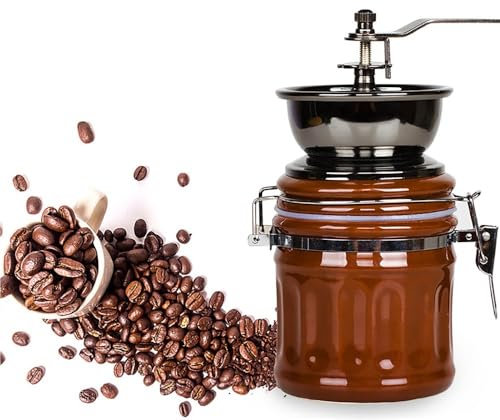 Manuelle Kaffeemühle, konischer Grat, interne verstellbare Einstellung, Keramiktasse und Mahlkernpresse, Kaffee als Geschenk (braun)