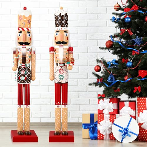 DoubleFill 2 Pcs Large Christmas Nutcracker Figures 32 Inch Xmas Wooden Nutcracker Ornaments Collectible for Outdoor Indoor Floor Decorations (Gingerbread)