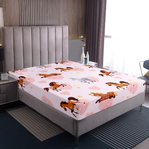 Homewish Süße Kinder Galoppierendem Pferd Spannbettlaken 90x200x30cm | Bettlaken Mädchen Teenager Jungen Tierliebhaber Pferde Spannbetttuch Kawaii Cartoon Laken Herz Landhausstil Schlafzimmerdekor