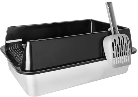 Katzenklo Edelstahl XL, Große Kapazität Katzentoilette Edelstahl mit hohem Rand, Geruchsresistent Katzenklo Groß mit Katzenstreuschaufel und Anti-Rutsch Matte (Schwarz, 50x35x24cm, XL)