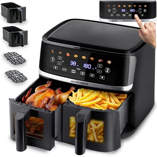 Berdsen Heißluftfritteuse XXL 10,2L Doppelkammer - Airfryer mit 2 Sichtfenstern und Touchscreen - 1700W - 8 Programme - Spülmaschinengeeignet