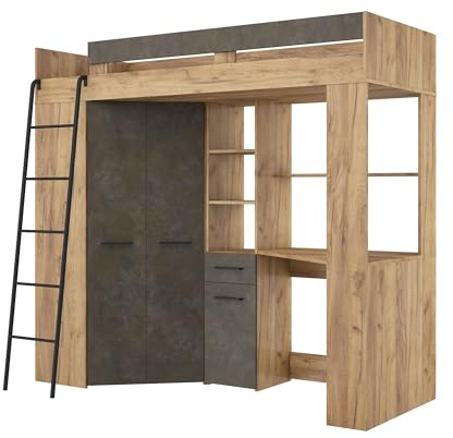 FurnitureByJDM Hochbett mit Schreibtisch und Schrank | Kinderbett 80x200 cm mit Stauraum – Jugendzimmer Komplett Set– Platzsparendes FLOOR(Craft Gold Granada Braun,Linke Leiter)
