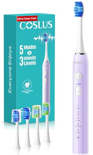 Zahnbürste rosa 6er-Pack，Elektrische Zahnbürste für Erwachsene: 3 Stärken & 5 Modi für effektive, 2 Bürstenkopf-Typen für sanfte und tägliche Pflege, Reise- & Familiengebrauch, Lila, 1 Stück