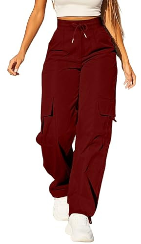 Cargohose für Damen, hohe Taille, Combat-Hose mit mehreren Taschen, einfarbig, Kordelzug, Trainingshose, Baggy, leicht, weites Bein, lässige Jogginghose, Wandern, Spazierengehen, wein, 3XL