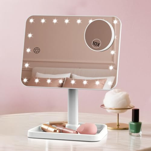 Famihomii Wiederaufladbarer beleuchteter Make-up-Spiegel mit 10-facher Vergrößerung, großer Kosmetikspiegel für Schminktisch mit Einstellbarer Helligkeit, Touch-Sensor und tragbarem Design