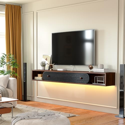 FloatiCasa Floating TV Stand, 120cm Wall Mounted Media Console, Plywood TV Unit with 1 Door & 2 Open Cabinets,Easy Assembly for Living Room & Bedroom,Walnut and Black