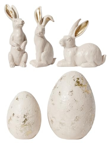 DN DECONATION 5-teilige Osterdeko Set mit 3 Hasen und 2 Ostereiern, Beige & Gold Osterhasen Figuren für Frühlings Tischdeko und Rustikale Wohndekoration, Kleine Harz Hasen Statuen Geschenk