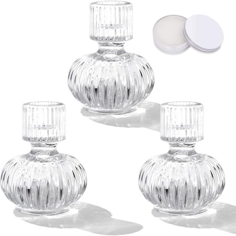 Romcanmy Kerzenhalter Glas, 3er Set Transparent Gestreifte Kerzenständer Stabkerzen mit Klebewachs, 2-in-1 Teelichthalter Glas für Stabkerzen Teelichter, Kristall Stabkerzenhalter für Hochzeit, Party