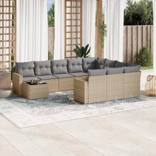 LoogCape 11-TLG. Garten-Sofagarnitur, Beige Poly Rattan Outdoor Möbel Set, UV-beständig, mit Stauraum, Hartglas-Tisch, für Terrasse, Patio, Balkon