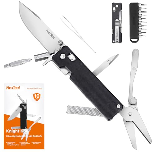 NexTool Knight K30 11-in-1 Klappmesser mit Verriegelung mit 4mm 10 Bits Set | EDC-Multifunktionswerkzeug mit Klinge aus 14C28N-Stahl und G10-Griff, Geriffelte Schere für Camping, Den Täglichen Gebrauch