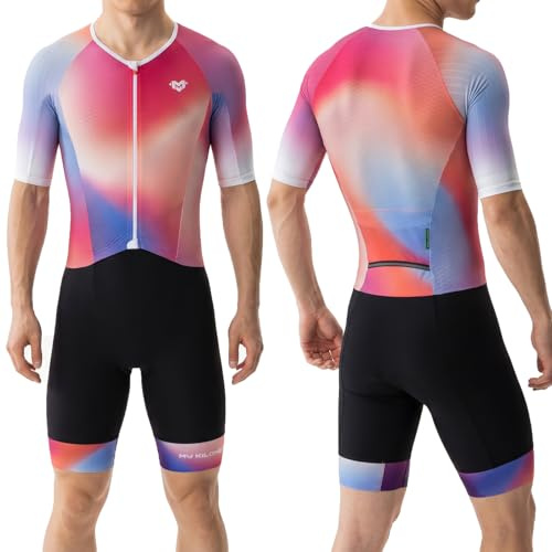 MY KILOMETRE Traje de Triatlón para Hombre Manga Corta, Secado Rápido y Transpirable, con Bolsillo Trasero y Cierre Delantero, para Competición/Entrenamiento