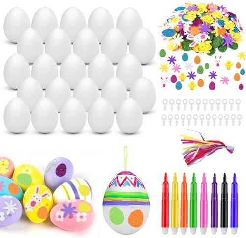 Wieerda Easter Egg Decorating Kit, 25 Pcs White Easter Egg Decorations Kit with Pen and Sticker, Plastic DIY Crafts Ornaments for Party Favor School Office Home Decor Easter Gift