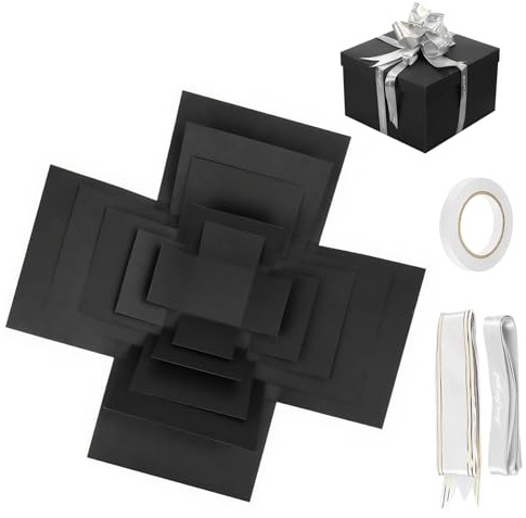 5 Lagige Kreative Explosionsbox, DIY Handgemachte Überraschung Box mit Klebeband und Band, Geschenkbox mit Deckel, Wiederverwendbar, für Geburtstag, Jubiläum Valentinstag, Schwarz