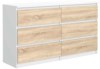 Masseno Kommode NUDO 120 cm Sideboard mit 6 Schubladen und Türen für Wohnzimmer Schlafzimmer Modern 120x39x78,5 cm Weiß/Sonoma Eiche