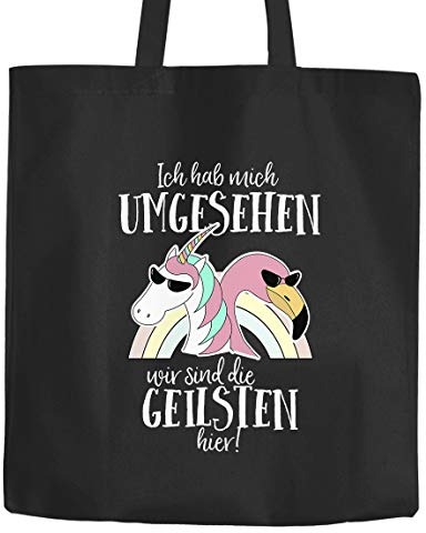 Jutebeutel Ich hab mich umgesehen wir sind die geilsten hier Flamingo Einhorn Baumwolltasche Stoffbeutel Tragetasche Moonworks® schwarz 2 lange Henkel