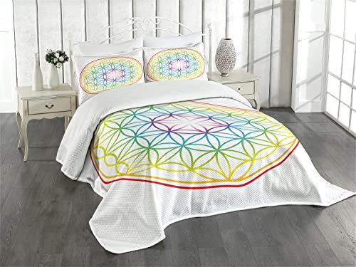 ABAKUHAUS Platz Tagesdecke Set, Leuchtende Blume des Lebens, Set mit Kissenbezügen Sommerdecke, für Doppelbetten 264 x 220 cm, Gelb Mehrfarbig