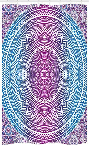 ABAKUHAUS Ombre Schmaler Duschvorhang, Mandala-Muster, Badezimmer Deko Set aus Stoff mit Haken, 120 x 180 cm, Blau Weiß und Violett