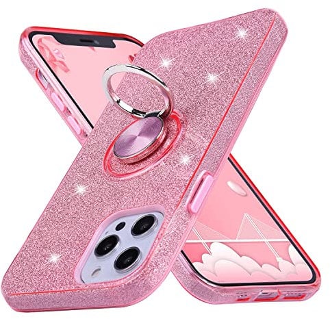 wisdompro Bling Case for iPhone 12 Pro Max, Glitter Sparkle Shiny Case with Ring Holder Kickstand Girls Women Cute Protective Cover Phone Case for iPhone 12 Pro Max (6.7 Inch) - Pink