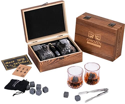 Whiskey Stones and Whisky glasses Gift Set for Men - 8 Whiskey Chilling Rocks - 2 Whiskey Scotch Bourbon Glasses - Christmas Fathers Day Present Gift for Him Boyfriend Dad Husband