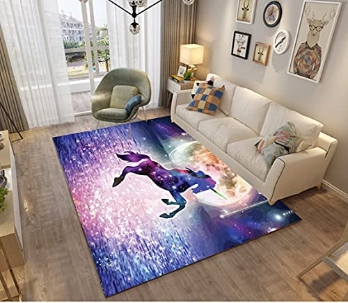 3D Galaxis Einhorn Pferd Tier Muster Kinder Mädchen Jungen Teppich Schlafzimmer Dekorativ Kinderzimmer,Matten Krabbelmatte Modern Weichem Flanell Kinderteppiche Waschbar (Lila blau,120 x 160 cm)