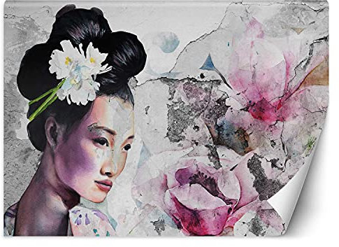 Feeby Papier Peint Intisse Japon Femme Geisha 250x175 cm rose XXL Photo Mural Muraux Tapisserie Restaurant Texture Grunge Mur Fleurs