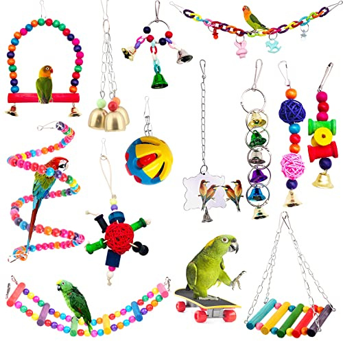 BIPY 14 PCS Bird Parrot Toys Cage Hanging Bell Ball Hammock Swing Ladder Toy Pet Bird Mirror Scooter Chewing Perches Wooden Toys for Parrots Parakeets Birds Finches Random Color