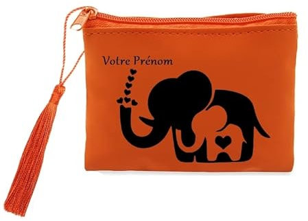 Porte Monnaie et cles Orange Elephant et Maman Coeur Personnalisable