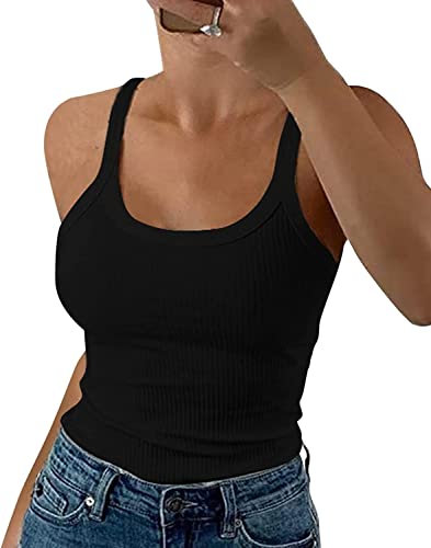Wenrine Damen Tops Sommer Sexy U-Ausschnitt Gerippt Spaghetti Top Slim Fit Cami Einfarbig(Schwarz,XL)