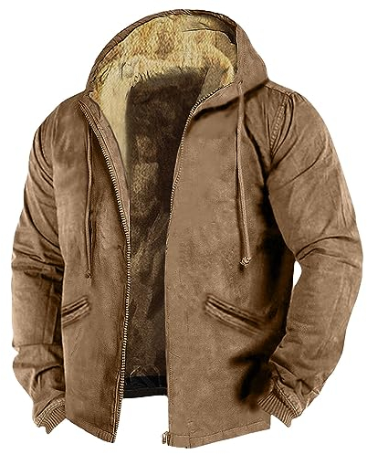 Rosennie Gefütterte Jacke Herren Retro Bedrucken Vintage Kapuzenjacke mit Reißverschluss Fleece Futter Winterjacke Warme Holzfäller Jacke Gefüttert Sweatjacke Mit Kapuze Arbeits Jacken Mit Taschen