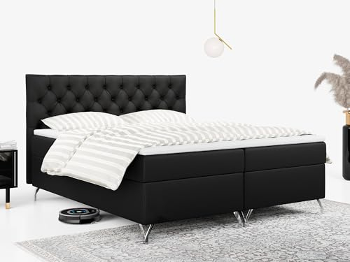MKS MEBLE Boxspringbett 180x200, Bett 180x200 mit Matratze H4, Boxspringbett 180x200 mit Bettkasten und Topper, Polsterbett 180x200 Füße - GRIMALDI - 180x200 - Schwarz Kunstleder - H4