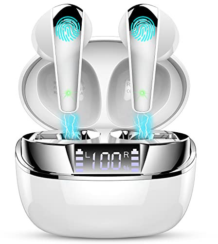 Ordtop Cuffie Bluetooth 5.3, Auricolari Bluetooth Stereo HiFi con Cancellazione Rumore Mic, Cuffiette Bluetooth Sport Touch Control,LED Display, Ricarica Rapida USB-C, IP7 Impermeabili Argento