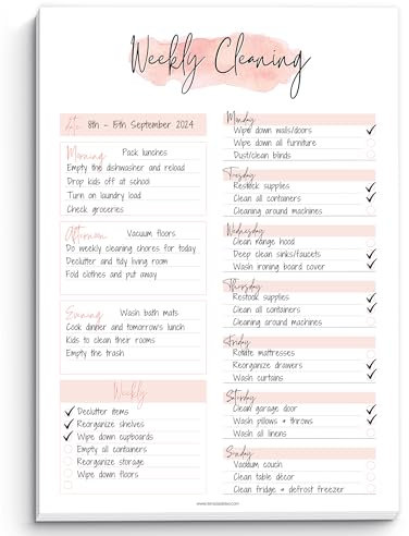 Weekly Cleaning Planner Notepad - Daily, Weekly & Monthly Cleaning Schedule and Checklist, Household Chores Tracker | 50 Undated Tear Away Sheets | A4 Pink