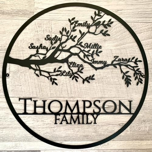 Arbre de vie personnalisé en métal, Décoration murale, Panneau familial, Arbre généalogique avec prénoms et nom de famille,Cadeau pour les grands-parents ou les parents,Signe de Famille (Design 3)