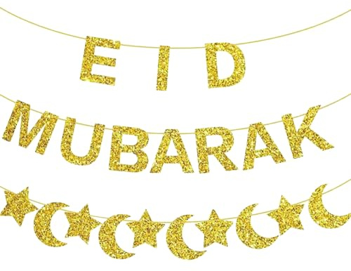 DVOFU Eid Mubarak Banner Glitter Eid Mubarak Dekorationen Home Eid Mubarak Banner mit Stern und Mond Girlanden für Ramadan Kareem Party Supplies