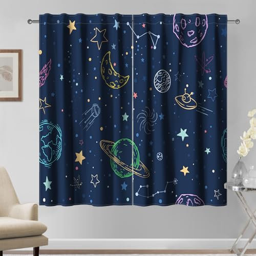 Kzzfqxb 117x138cm Nachthimmel Vorhänge 2 Paneele, dunkelblaues Universum Mond Sterne Weltraum Galaxie Sternbild UFO, Fantasy Dekor für Kinder, Jungen, Teenager, Schlafzimmer