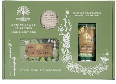 The English Soap Company Anniversary Jasmine and Wild Strawberry Hand and Body Gift Set, Cruelty-Free Toiletries Trio (Gift Box, Lily of the Valley)