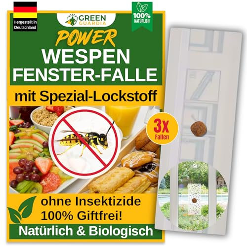 GREEN GUARDIA Wespen Fenster-Falle mit Spezial-Lockstoff - 3X Fallen - umweltfreundlich Wespen bekämpfen, Chemiefreie Falle mit starker Klebefläche, giftfrei & geruchsneutral
