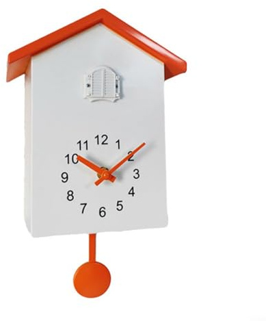 BlissfulAbode Minimalistische Kuckuck-Wanddekoration, verstellbares Volumen-Vogelhaus, batteriebetriebenes Pendel für Zuhause, Büro, Wohnzimmer, Schlafzimmer (weiß + orange)