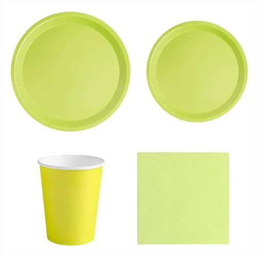 MAXI PRODUCTS - Set Vajilla Desechable Fiesta 20 Personas Verde Lima - 114 piezas - Vasos Cartón 270 cc + Platos Cartón Ø17 y Ø20,5 cm + Servilletas Papel 25x25 cm - Menaje para Cumpleaños y Eventos