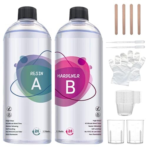 Resina Epossidica Trasparente 1000ml, Kit Resina Epoxy Completo Rapporto 1:1 con Indurente, Ideale per Principianti, Creazioni Artistiche, Legno, Gioielli, Artigianato