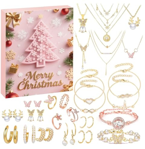 Adventskalender mit Schmuck für Frauen,2025 Frauens Weihnachtskalender, 24 tolle Mode Schmuckkalenders,Armbänder, Halsketten, Ringe und Ohrringe für Ihre Fraus,Mutter oder Freund