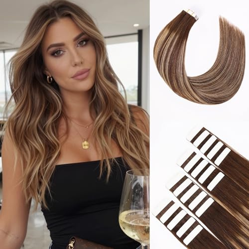 Tape Extensions Echthaar 20pcs Extensions Echthaar 35cm Schokoladenbraun mit Karamellblond Invisible Tape in Extensions Echthaar 40g Echthaar Extensions Tape Haarverlängerung(14inch,4/4/27#)