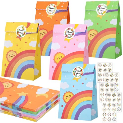 woric 50xRainbow Party Bags, 5 Colors Party Bags for Kids Party Goody Bags | Rainbow Paper Party Favour Bags with 60 Stickers for Kids Birthday Baby Shower Christmas