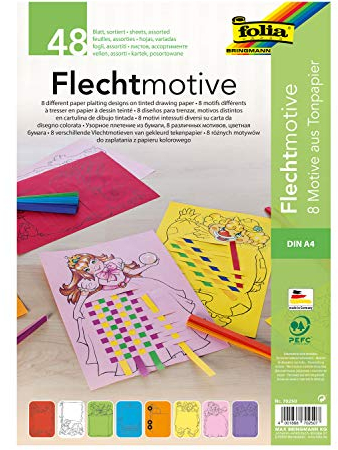 folia 70250 - Flecht- & Webmotive aus Tonpapier (130 g/m²), DIN A4, 48 Blatt farbig sortiert mit 8 verschiedenen Motiven, kreative Beschäftigung für Kinder