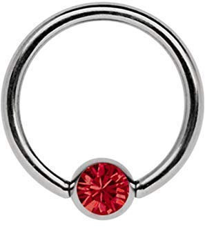 Titan Ring in 1,2 x 11 mm als Lippenbändchen Piercing mit flachem Stein in 4 mm Ø, rot