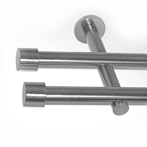 BASIT Gardinenstange Edelstahllook 19mm 2-läufig Wand 240cm lang H29 | Gardinenstangenset doppelläufig Wandmontage Metall Vorhangstange Wandhaltung 120-600cm wählbar Kappe E61
